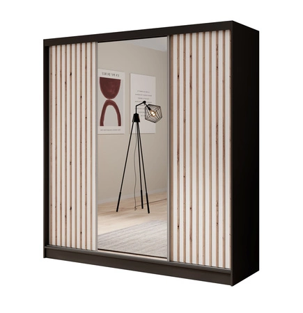 Szafa przesuwna z lustrem Ida 200 cm czarny / biały stylowe lamele zdobiące drzwi szafy wnętrze wyposażone w pojemne szuflady 