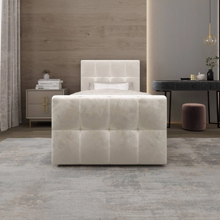 Łóżko kontynentalne Manhattan 120x200 beżowe w nowoczesnym skandynawskim stylu z tapicerowanym zagłówkiem i zanóżkiem łóżko z pojemnikiem