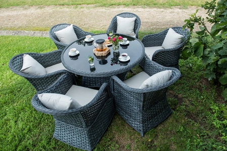Zestaw mebli ogrodowych Moderno Grande szary elegancki design duży zestaw mebli do ogrodu z okrągłym stolikiem kawowym