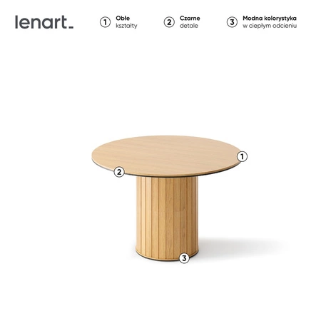 Stół okrągły Rotto 120 cm dąb vincenza nowoczesny design solidna podstawa przyozdobiona dekoracyjnymi lamelami stół do małej jadalni