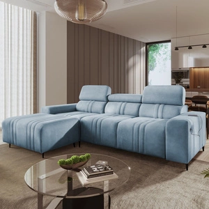 Narożnik z funkcją spania Castel błękitny lewostronny komfortowy i stylowy narożnik rozkładany z pojemnikiem na pościel