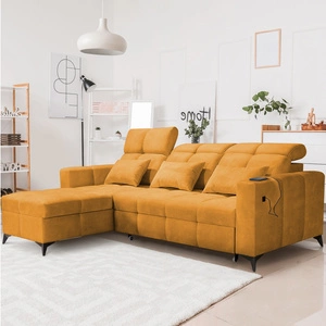 Narożnik z funkcją spania Laredo żółty lewostronny komfortowy i stylowy narożnik rozkładany z pojemnikiem na pościel