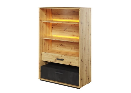 Zestaw mebli Qubic dąb artisan / raw steel / silk flou modny zestaw mebli o oryginalnym designie bryły z subtelnym oświetleniem LED