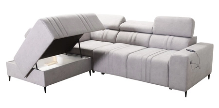 Narożnik z funkcją spania Castel VII błękitny lewostronny stylowy narożnik z pojemnikiem na pościel i regulowanymi zagłówkami