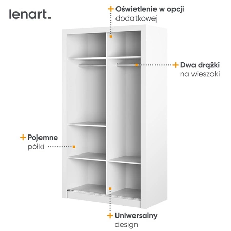 Szafa przesuwna z lustrem Arti 120 cm biała pojemna szafa do przedpokoju drzwi szafy wykończone lustrami w ciekawej konfiguracji