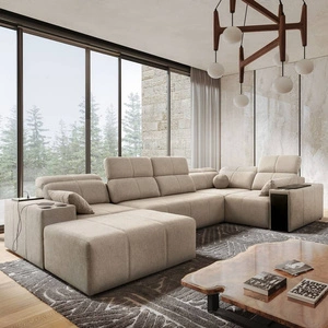 Narożnik z funkcją spania Tesalia IV beżowy lewostronny komfortowy narożnik do salonu z innowacyjną funkcją przesuwanego oparcia