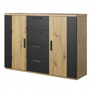 Komoda z szufladami Sigma 132 cm dąb artisan / czarny nowoczesny design mebla obrzeża komody wykończone specjalną okleiną ABS