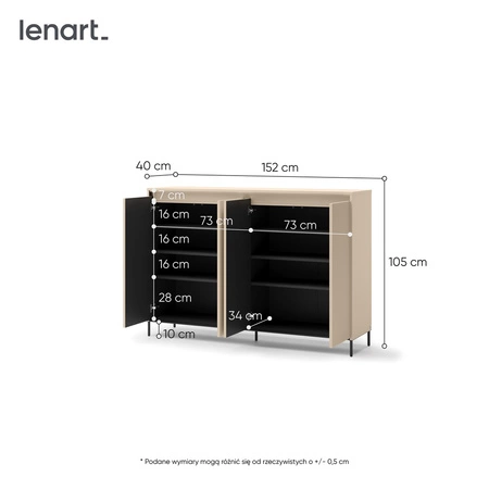 Komoda Trend 152 cm beżowa elegancka komoda z ciekawym ryflowaniem na frontach bryła wsparta na metalowych smukłych nogach