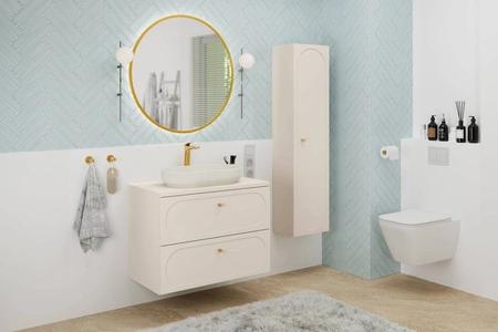 Szafka pod umywalkę Donna Sand 80 cm beżowa elegancka szafka wisząca z dekoracyjnym obłym frezowaniem złote uchwyty wykonane z metalu