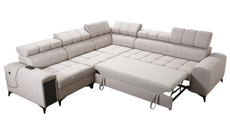 Narożnik z funkcją spania Bolmso III szary lewostronny narożnik z pojemnikami na pościel szuflada z pełnym wysuwem w boczku mebla