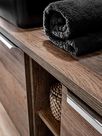 Zestaw mebli łazienkowych Santa Fe dąb vintage zestaw mebli z szafkami pod umywalki nablatowe metalowe uchwyty krawędziowe