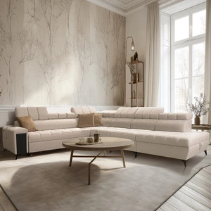 Narożnik z funkcją spania Bolmso XII beżowy prawostronny nowoczesny design narożnik zapewnia komfort obszerne pojemniki na pościel