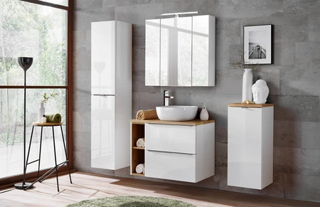 Szafka pod umywalkę Capri 60 cm biały połysk nowoczesny design szafki do łazienki z szufladami metalowy uchwyt krawędziowy