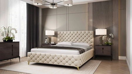 Łóżko tapicerowane Fiano 140x200 beżowe stylowe łóżko z pojemnikiem na pościel wygodny zagłówek zachwyca eleganckim designem