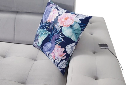 Narożnik z funkcją spania Hampton VI kwarcowy róż prawostronny funkcjonalny narożnik do salonu z ruchomą dostawką oraz półką