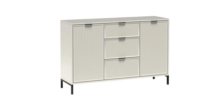 Komoda z szufladami Linka 135 cm beżowa elegancki design geometryczny kształt komoda osadzona na wysokich nogach ryflowany front