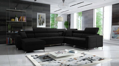 Narożnik z funkcją spania Nausa VII czarny lewostronny elegancki narożnik do salonu wykonany z miękkiej tkaniny typu velvet