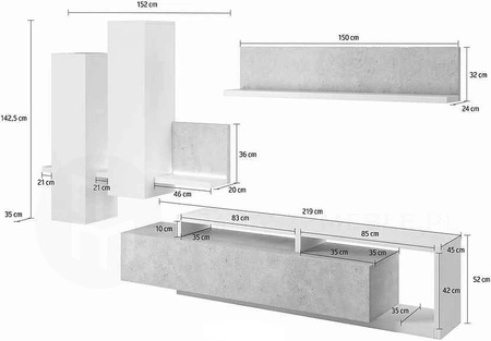 Meblościanka Bota antracyt / dąb ribbec innowacyjny design asymetryczne bryły meblościanki stanowią połączenie funkcjonalności z nowoczesnością