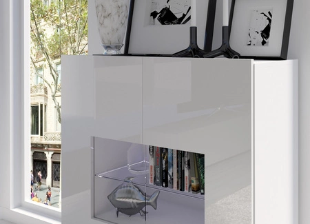 Komoda z przeszkleniem Apulia 100 cm czarny połysk minimalistyczny design stylowa komoda do salonu prosta bryła wpisująca się w każde wnętrze