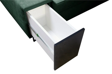 Narożnik z funkcją spania Alcamo siwy prawostronny elegancki i stylowy narożnik z dostawką praktyczna szuflada w boczku mebla