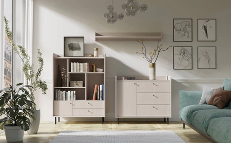 Regał Ferdi 104 cm beż piaskowy ciekawy design stylowy regał z szufladami i zamykaną szafką wysokie ranty blatu