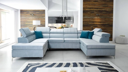 Narożnik z funkcją spania Rava VIII błękitny prawostronny elegancki design gustowna bryła z gwarancją komfortu miękka tkanina