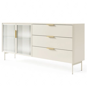 Komoda z szufladami Lumi 181 cm beżowa stylowa komoda z designerskimi przeszklonymi frontami metalowa podstawa i uchwyty krawędziowe