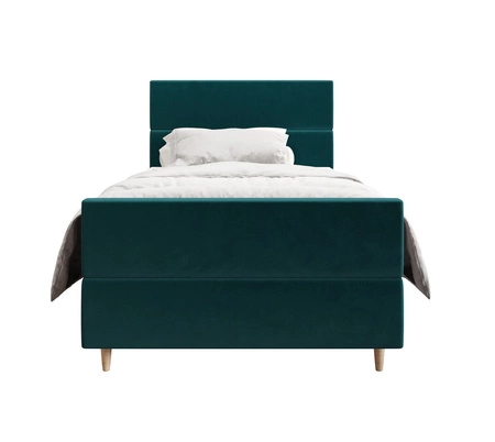 Łóżko kontynentalne Benet 100x200 turkusowe w nowoczesnym skandynawskim stylu z tapicerowanym zagłówkiem oraz zanóżkiem łóżko z pojemnikiem