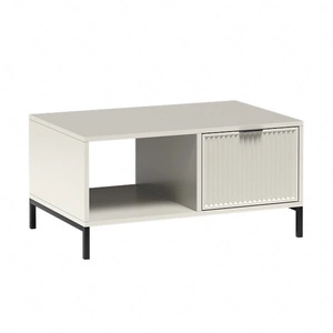 Stolik kawowy Linka beżowy geometryczna forma połączona z funkcjonalnością stolik do salonu z szufladą ozdobne frezowania