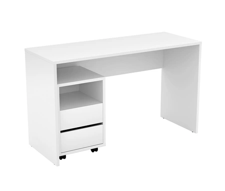Biurko Agapi 130 cm białe z szafką na kółkach stylowe oraz funkcjonalne do biura gabinetu lub pokoju młodzieżowego