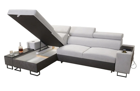 Narożnik z funkcją spania Flavio beżowy / brązowy lewostronny elegancki narożnik z dostawką otwierany barek w boczku mebla