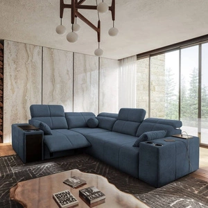 Narożnik z funkcją spania Tesalia II Lux niebieski lewostronny wygodny narożnik z przesuwanym oparciem oraz wysuwanym podnóżkiem