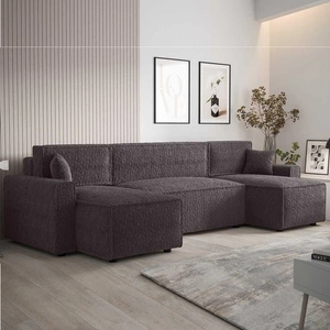 Narożnik z funkcją spania Brandon U Bis grafitowy pojemnik na pościel podłokietniki tkanina o charakterystycznej pętelkowej powierzchni