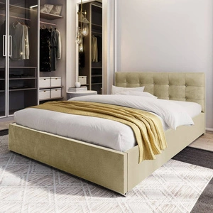 Łóżko tapicerowane Mona 180x200 beżowe z pojemnikiem w nowoczesnym skandynawskim stylu z pikowanym zagłówkiem z kryształkami