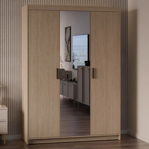 Szafa z lustrem Rene 133 cm dąb olejowany pojemna szafa do sypialni podkreślona naturalną kolorystyką stylowe czarne uchwyty