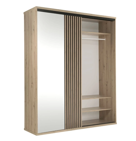 Szafa przesuwna z lustrem Cali 179 cm dąb artisan / czarny stylowa szafa z lamelami w kolorze drewna idealna szafa do sypialni czy garderoby