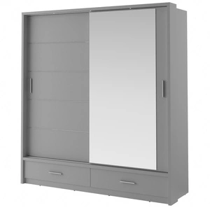 Szafa przesuwna z lustrem Arti 200 cm szara estetycznie wykonana szafa do sypialni wzbogacona oświetleniem LED pojemne szuflady