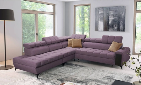 Narożnik z funkcją spania Bolmso IX fioletowy lewostronny komfortowy narożnik do salonu z szufladą pojemniki na pościel stylowy design