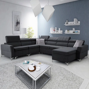 Narożnik z funkcją spania Rava VII grafitowy prawostronny praktyczny i nowoczesny narożnik do salonu z regulowanymi zagłówkami