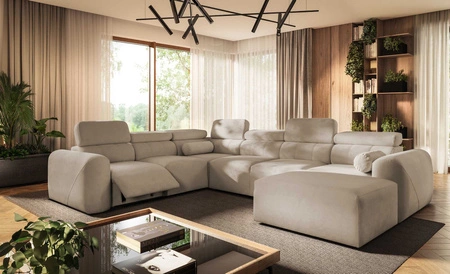 Narożnik z funkcją spania Cantare VIII Lux beżowy prawostronny designerski narożnik z elektrycznie podnoszonym podnóżkiem