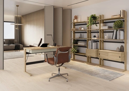 Biurko Ollie 131 cm dąb olejowany / beżowy / czarny designerskie biurko z szufladami i ergonomicznym blatem do domowego biura