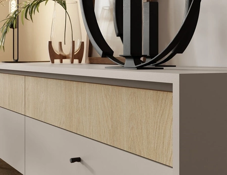 Komoda z szufladami Cappo 104 cm beż piaskowy / dąb olejowany stylowa wysoka komoda do jadalni lub salonu minimalistyczny design