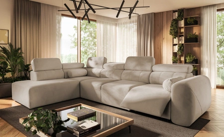 Narożnik z funkcją spania Cantare XI Lux beżowy lewostronny komfortowy narożnik do salonu z podnoszonym podnóżkiem miękka tkanina