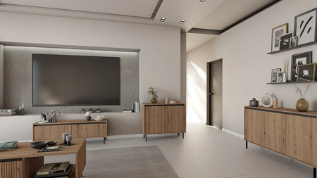 Komoda Osaka 100 cm dąb evoke / czarny minimalistyczny design doskonała propozycja komody do salonu i sypialni gustowny ryflowany front