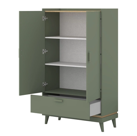 Komoda wysoka Scandia 90 cm zielona / dąb olejowany stylowy design komody z szufladą osadzonej na wysokich nogach idealna do sypialni