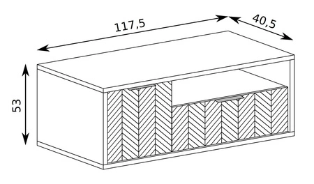 Szafka RTV Fonti 118 cm dąb karmel elegancka stylistyka szafki z szufladą czarne uchwyty krawędziowe finezyjne zdobienie frontów