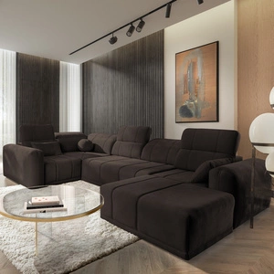 Narożnik z funkcją spania Cetara IV brązowy prawostronny stylowy design narożnika z przesuwanymi oparciami dwa pojemniki na pościel