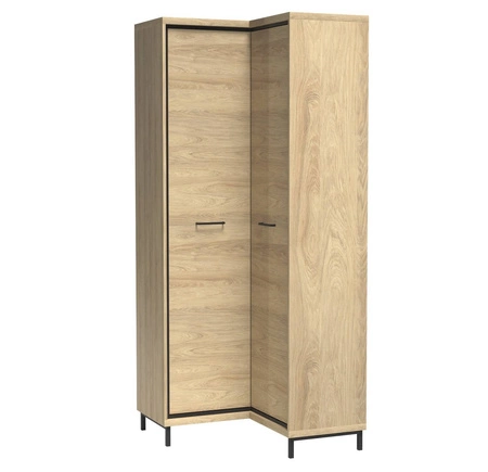 Szafa narożna Mediolan Plus hikora gustowny design szafy wzbogacony o stylowe czarne dodatki idealna szafa wsparta na metalowych nogach do sypialni