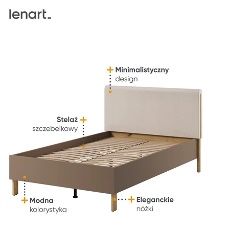 Łóżko Lenny 120x200 cm truflowy / beżowy / dąb artisan komfortowe łóżko do pokoju młodzieżowego wygodny tapicerowany zagłówek