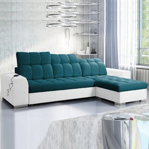 Narożnik z funkcją spania Luigi turkusowy / biały prawostronny narożnik z dwoma pojemnikami na pościel tkanina o ciekawej strukturze